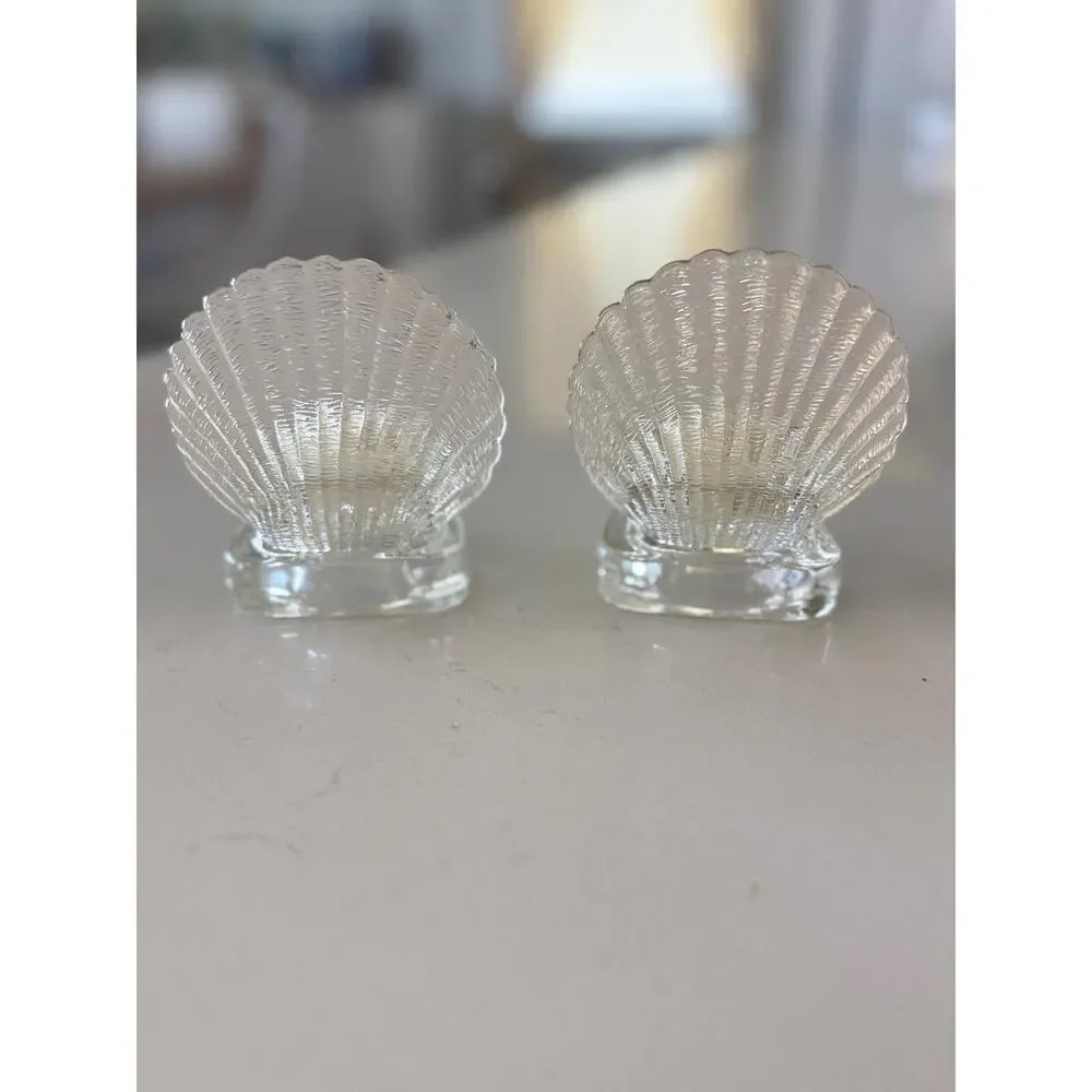 Vintage Clear Glass Scallop Shell Tealight Candle Holders Coastal Decor Pair